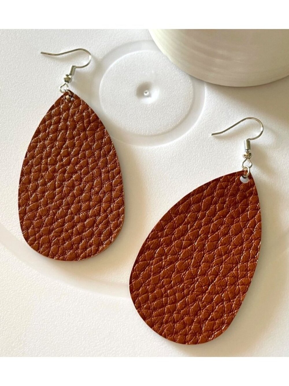 Cognac Brown Faux Leather Earrings 3in Teardrop Lightweight Boho Western